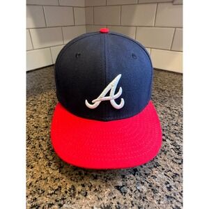 Atlanta Braves New Era 59FIFTY Fitted Hat 7 1/2 Blue Red Polyester Made in USA